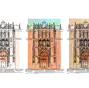reimagining the facade in color mixed media print - with ink overlay